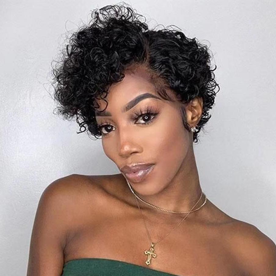 𝐏𝐫𝐞̂𝐭 𝐞𝐧 𝟐𝟒𝐡⚡Moderne Facile Entretenir Glueless Noir Perruque Coupe Pixie Vague Bouclée Cheveux Humains