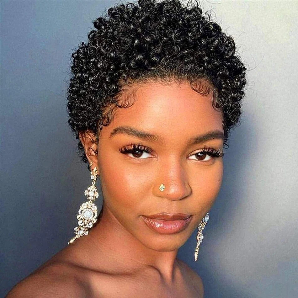 𝟐 𝐅𝐎𝐑 €58💥Perruque Noir Coupe Pixie 13x4 Dentelle Lisse+Glueless Noir Pixie Boucles Laine
