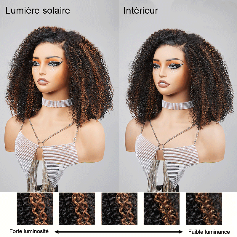 𝑼𝒘𝒂𝒗𝒚 𝑷𝒓𝒆𝒎𝒊𝒖𝒎 𝑳𝒊𝒏𝒆 9x6 Glueless Marron Highlight Bob Perruque Sans Colle Kinky Curly