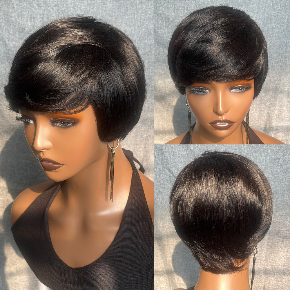 𝟐 𝐅𝐎𝐑 €78💥Glueless Perruque Coupe Pixie+13x4 Dentelle 8" Noir Bob Naturelle Wave
