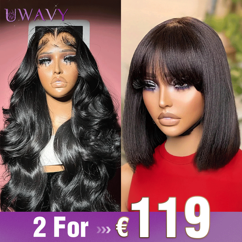 𝟐 𝐅𝐎𝐑 €119💥Perruque 20"Noir 13×4 Dentelle Body Wave+8" Frange No Lace Mode Bob Lisse Noir