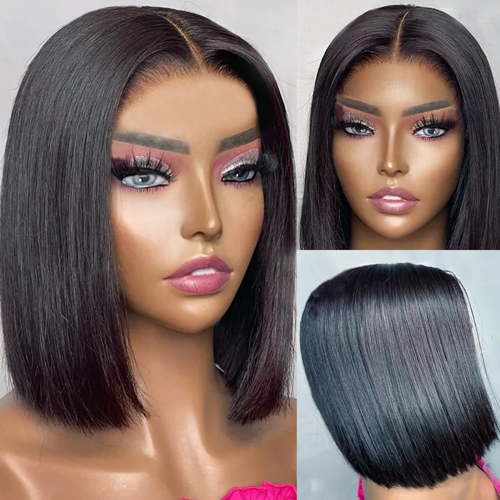 𝟐 𝐅𝐎𝐑 €79💥 Perruque 8" Soyeux Milieu Partie Lisse 2x6 Dentelle+8" Frange Mode Bob Lisse Noir