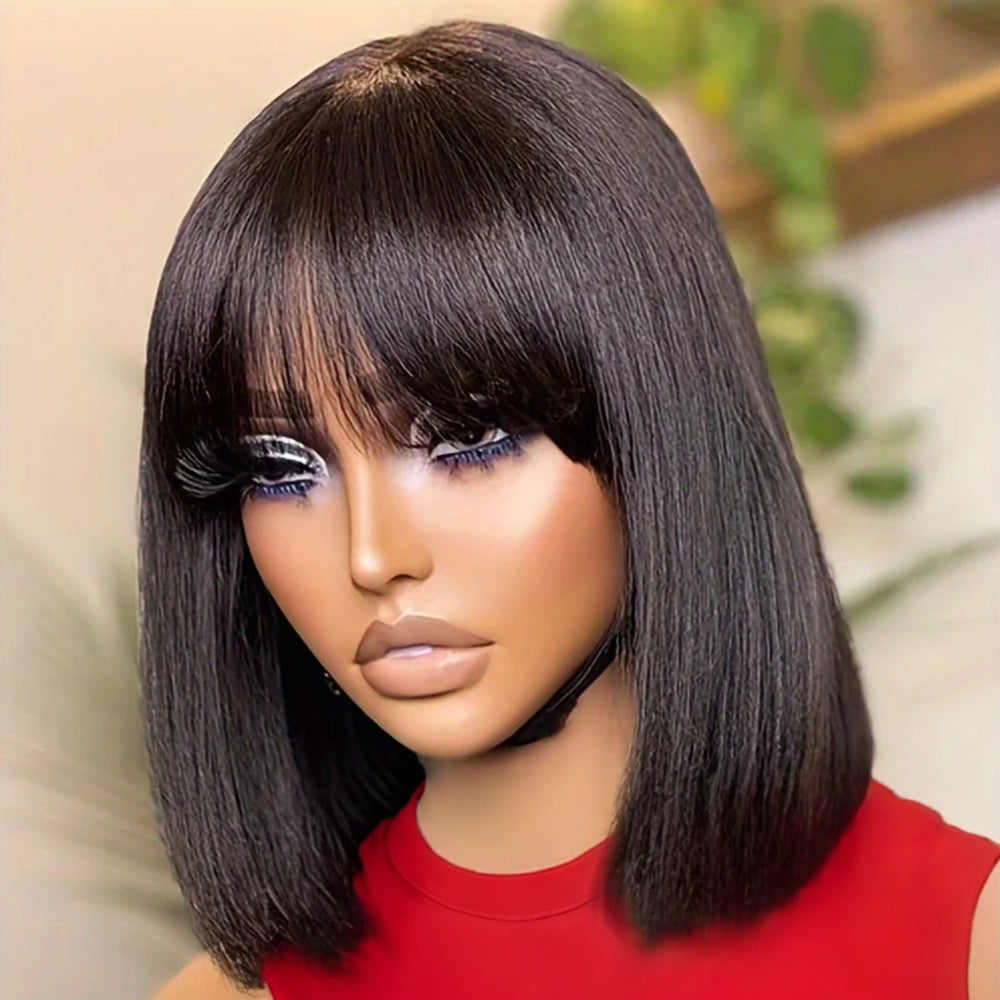 𝟐 𝐅𝐎𝐑 €55💥Glueless Perruque 8" Noir Frange Bob Lisse+Glueless Noir Coupe Pixie Sans colle Ondulé