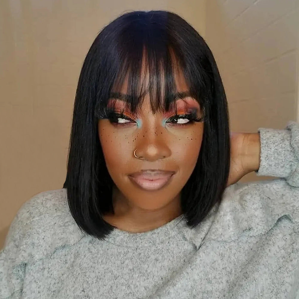 𝟐 𝐅𝐎𝐑 €55💥Glueless Perruque 8" Noir Frange Bob Lisse+Glueless Noir Coupe Pixie Sans colle Ondulé