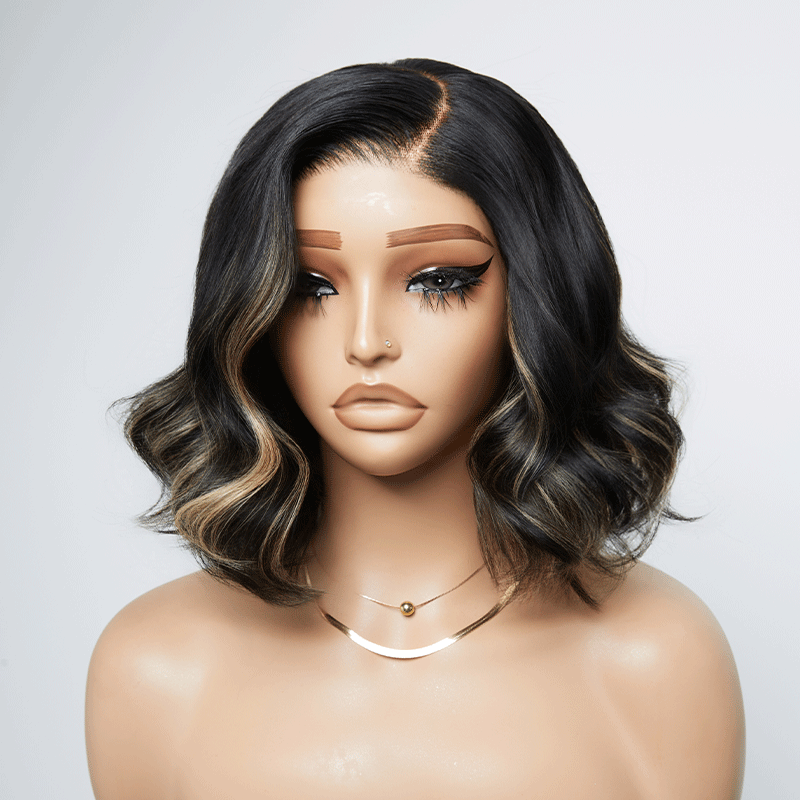 𝑼𝒘𝒂𝒗𝒚 𝑷𝒓𝒆𝒎𝒊𝒖𝒎 𝑳𝒊𝒏𝒆 Confort Glueless Highlight Blonds 7x4 Bob Ondulé Perruque Sans Colle
