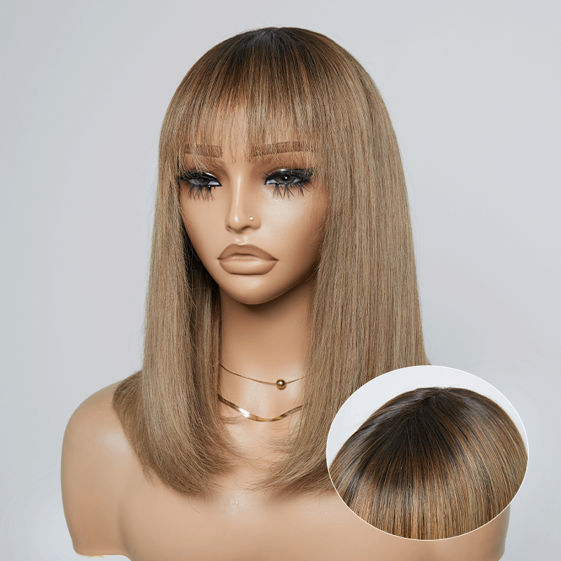 𝑼𝒘𝒂𝒗𝒚 𝑷𝒓𝒆𝒎𝒊𝒖𝒎 𝑳𝒊𝒏𝒆 Pas D'enchevêtrement Glueless Bob Ombre Thé Lait Dégradé Lisse Perruque Sans Colle Bob Avec Frange