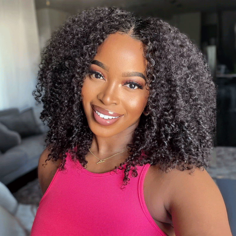 𝑼𝒘𝒂𝒗𝒚 𝑷𝒓𝒆𝒎𝒊𝒖𝒎 𝑳𝒊𝒏𝒆 3s Ease Go Glueless 4x4 Doux Crépus Bouclés Bob Noir Perruque