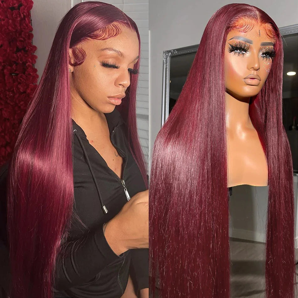 13x4 Burgundy/99J Lace Front Perruques Cheveux Humains Brésilienne Straight - Uwavy