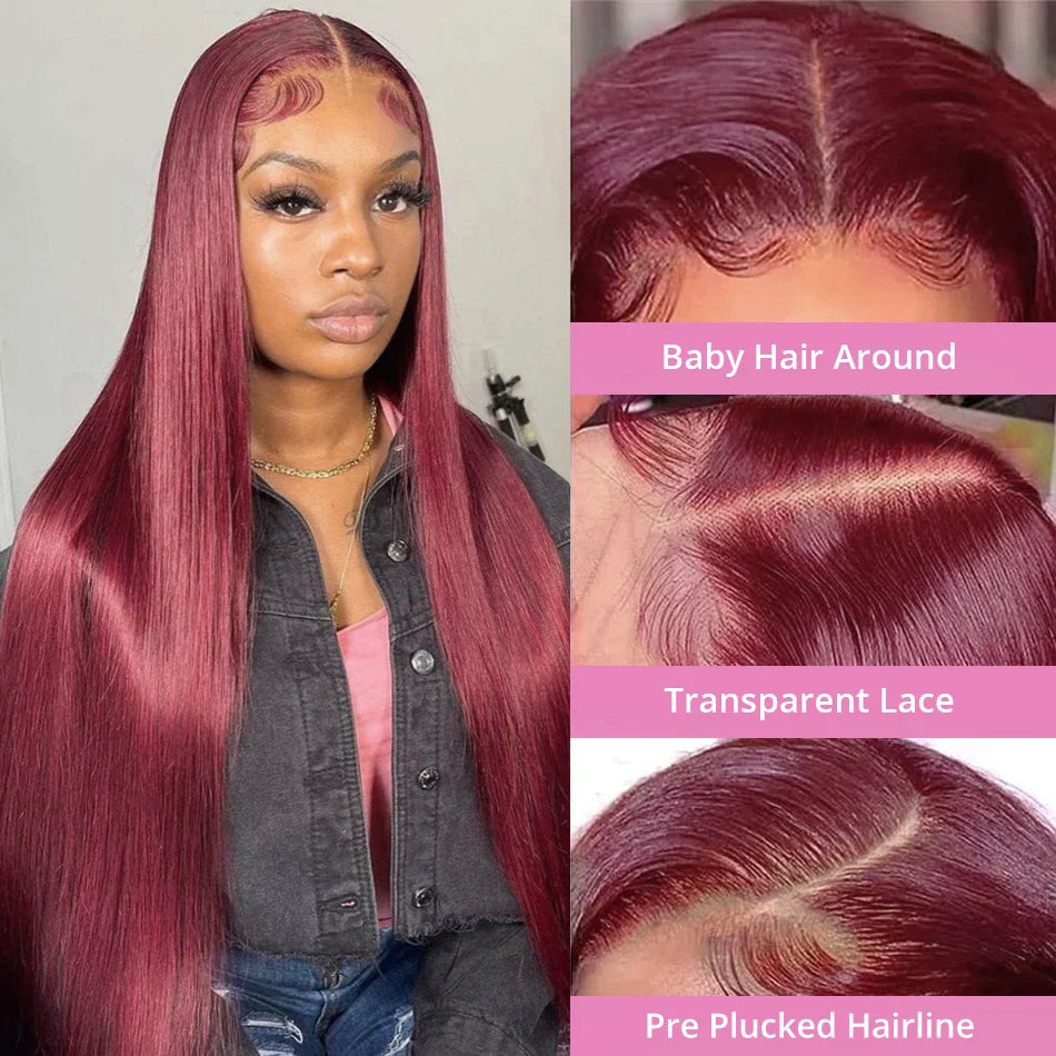 13x4 Burgundy/99J Lace Front Perruques Cheveux Humains Brésilienne Straight - Uwavy