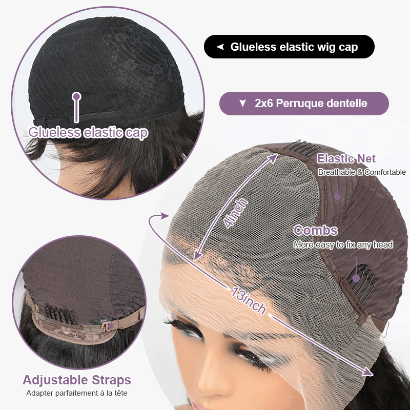 𝟐 𝐅𝐎𝐑 €119💥Perruque 20"Noir 13×4 Dentelle Body Wave+8" Frange No Lace Mode Bob Lisse Noir