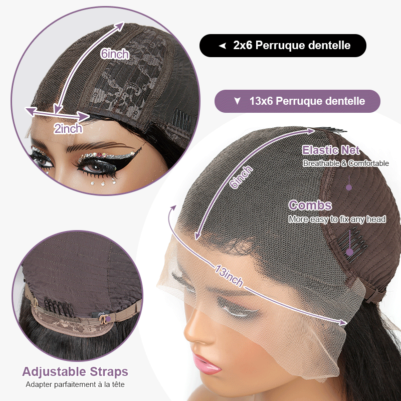 𝟐 𝐅𝐎𝐑 €135💥Perruque 13×6 Dentelle 20“ Lisse+2x6 Dentelle 8" Soyeux Milieu Partie Lisse Cheveux 100% Humains