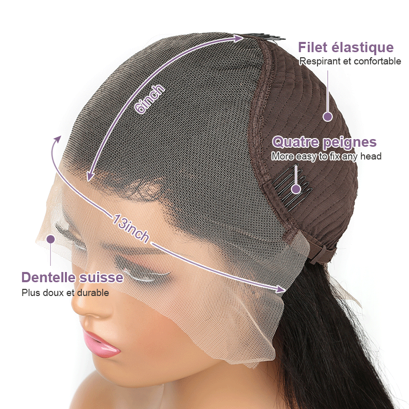 𝐏𝐫𝐞̂𝐭 𝐞𝐧 𝟐𝟒𝐡⚡Non Traités Chimiquement Confortable Noir Perruque 13×6 Dentelle Lisse Cheveux 100% Humains