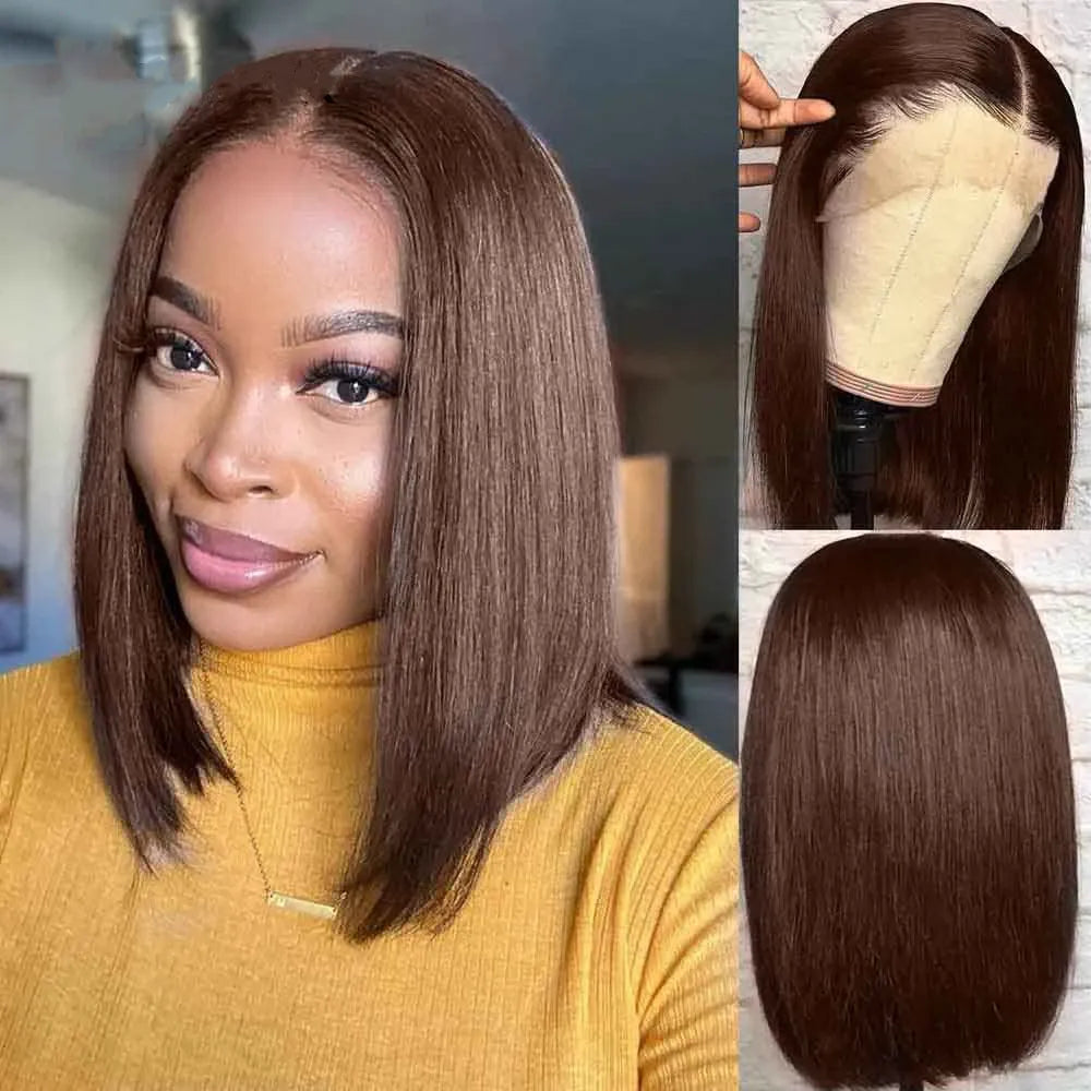 𝐏𝐫𝐞̂𝐭 𝐞𝐧 𝟐𝟒𝐡⚡Prêt À Partir Densité Equilibrée Couleur Chocolat 13×4 Dentelle Lisse Bob Perruque Cheveux Humains