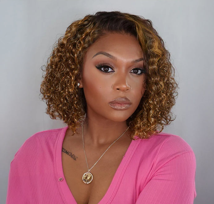 𝑼𝒘𝒂𝒗𝒚 𝑷𝒓𝒆𝒎𝒊𝒖𝒎 𝑳𝒊𝒏𝒆 Glueless Bob Couleur Mèches Ombre Marron/Noir 4×4 Perruque Sans Colle Bouclé