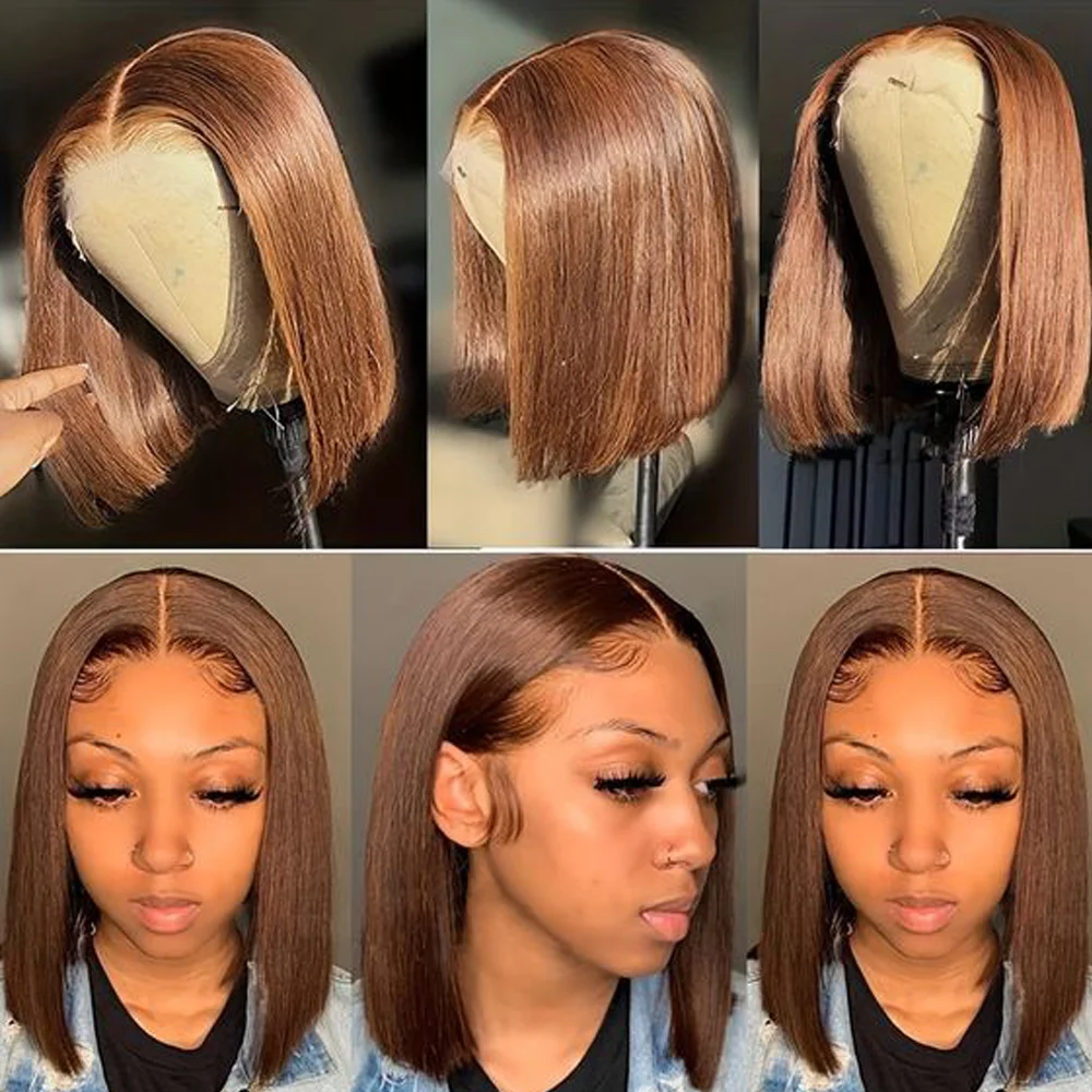 𝐏𝐫𝐞̂𝐭 𝐞𝐧 𝟐𝟒𝐡⚡Prêt À Partir Densité Equilibrée Couleur Chocolat 13×4 Dentelle Lisse Bob Perruque Cheveux Humains