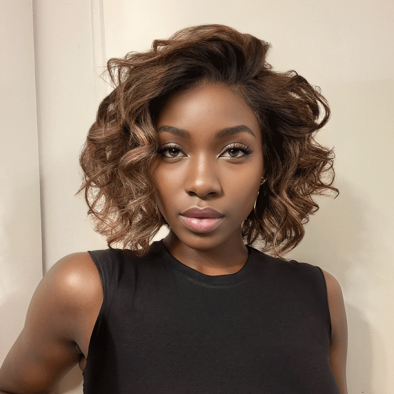 𝑼𝒘𝒂𝒗𝒚 𝑷𝒓𝒆𝒎𝒊𝒖𝒎 𝑳𝒊𝒏𝒆 Luxueuse Couleur Marron Highlight 13x4 Glueless Bouclé Bob Perruque Sans Colle