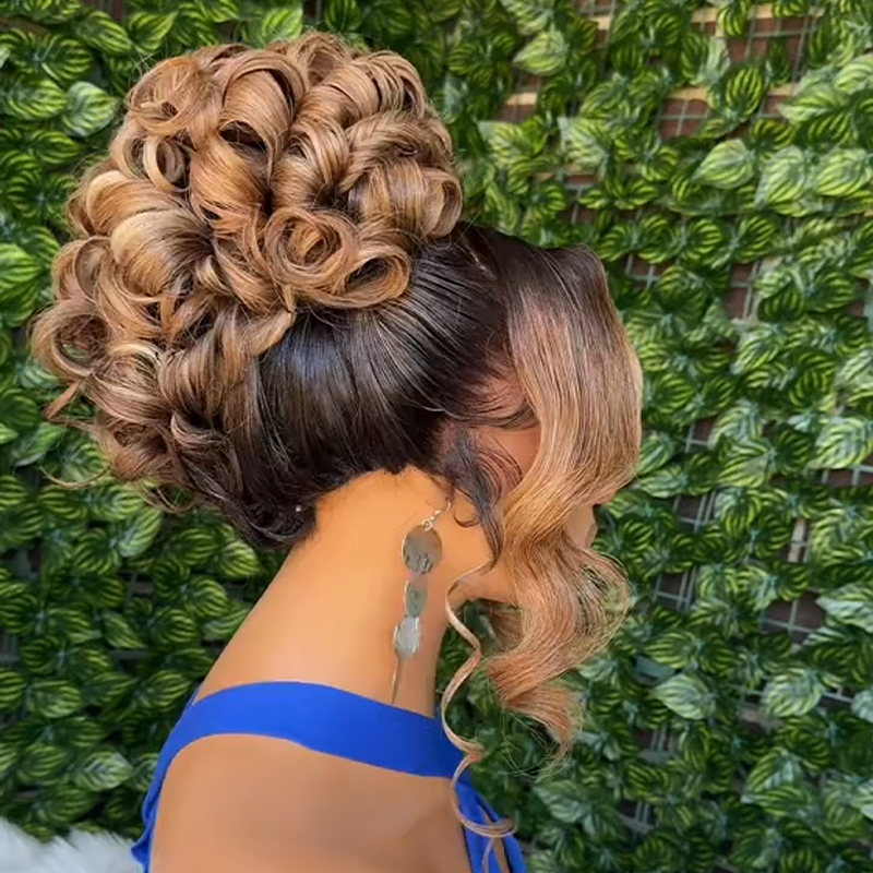 𝑷𝒆𝒓𝒓𝒖𝒒𝒖𝒆 𝑴𝒂𝒓𝒊𝒂𝒈𝒆 𝑷𝒓𝒆́-𝑪𝒐𝒊𝒇𝒇𝒆́𝒆 Coiffures Mariage Rapides Chignon Dégradé Marron Ondulé Frange Des Deux Côtés 13×4 Dentelle Perruque