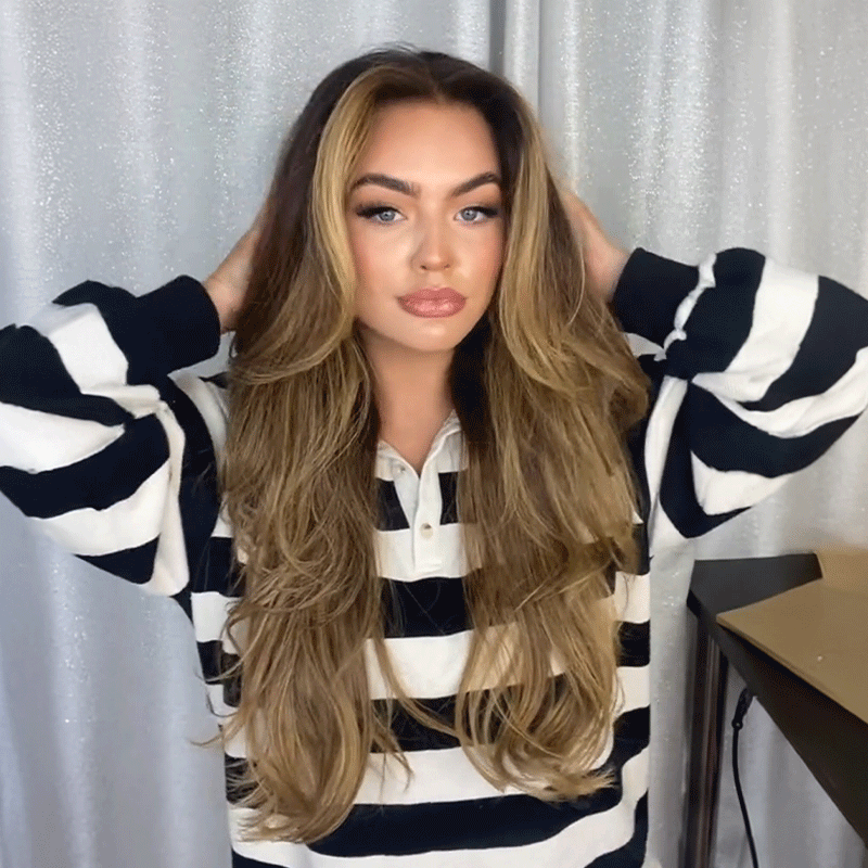 Brillance Naturelle Highlight Perruque 13×4 Glueless Ondulé Cheveux 100% Humains