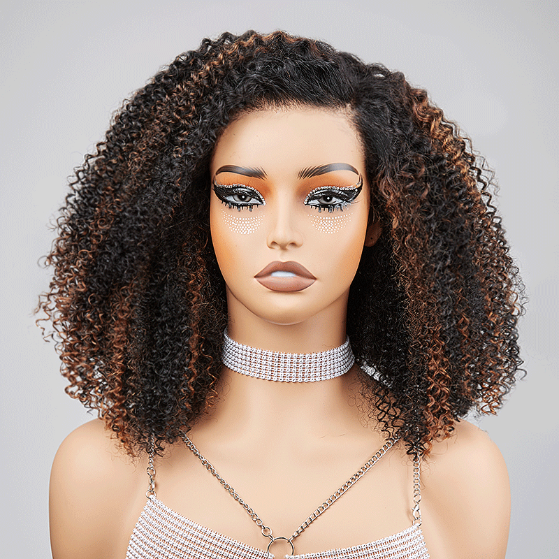 𝑼𝒘𝒂𝒗𝒚 𝑷𝒓𝒆𝒎𝒊𝒖𝒎 𝑳𝒊𝒏𝒆 9x6 Glueless Marron Highlight Bob Perruque Sans Colle Kinky Curly