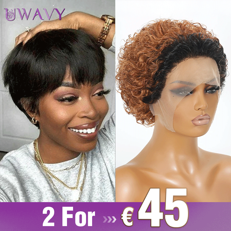 𝟐 𝐅𝐎𝐑 €45💥Perruque Glueless Noir Coupe Pixie Lisse+Moderne 3 Couleurs 13x1 Dentelle Bob Bouclée