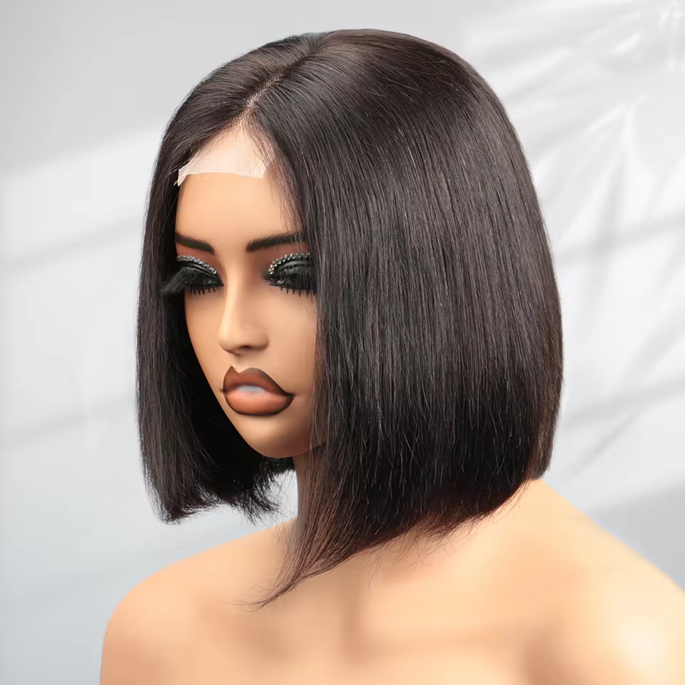 𝟐 𝐅𝐎𝐑 €79💥 Perruque 8" Soyeux Milieu Partie Lisse 2x6 Dentelle+8" Frange Mode Bob Lisse Noir