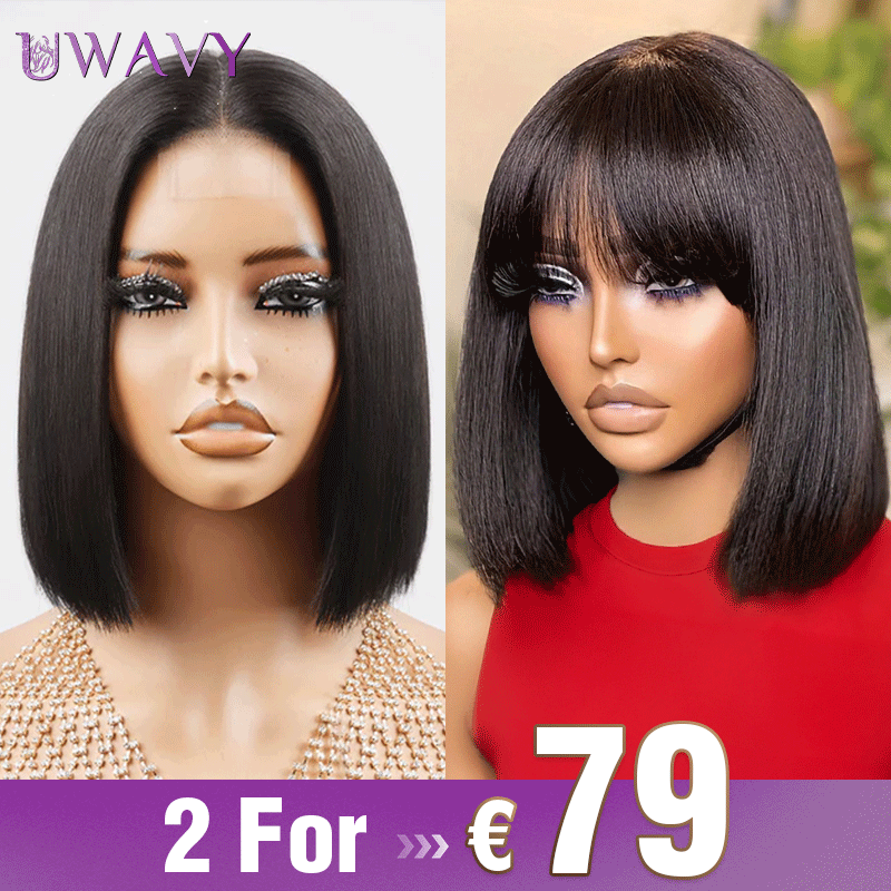 𝟐 𝐅𝐎𝐑 €79💥 Perruque 8" Soyeux Milieu Partie Lisse 2x6 Dentelle+8" Frange Mode Bob Lisse Noir