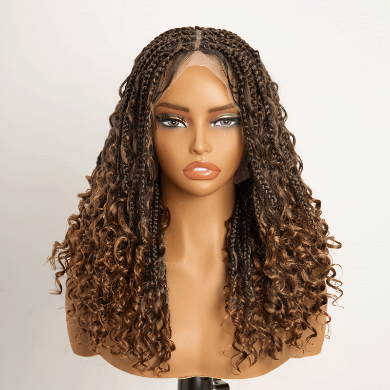 𝑼𝒘𝒂𝒗𝒚 𝑷𝒓𝒆𝒎𝒊𝒖𝒎 𝑳𝒊𝒏𝒆 Perruque Tressée Bohème Ombre Brun En Dentelle Intégrale Avec Cheveux Bébé Synthétique 300% Densité