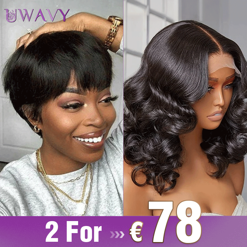 𝟐 𝐅𝐎𝐑 €78💥Glueless Perruque Coupe Pixie+13x4 Dentelle 8" Noir Bob Naturelle Wave