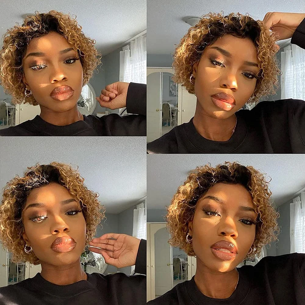 𝟐 𝐅𝐎𝐑 €45💥Perruque Glueless Noir Coupe Pixie Lisse+Moderne 3 Couleurs 13x1 Dentelle Bob Bouclée