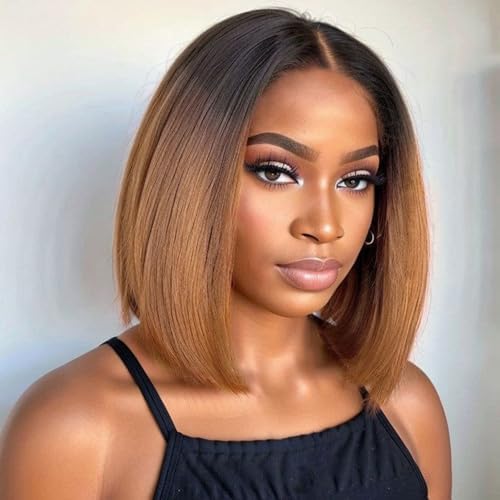 𝟐 𝐅𝐎𝐑 €99💥 Perruque 8" Soyeux Milieu Partie Lisse 2x6 Dentelle+8"Bob Lisse Dégradé Marron 2x6 Dentelle