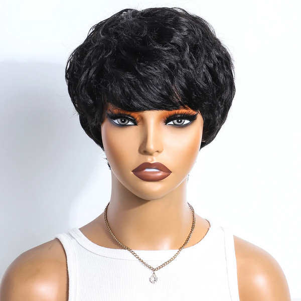 𝟐 𝐅𝐎𝐑 €55💥Glueless Perruque 8" Noir Frange Bob Lisse+Glueless Noir Coupe Pixie Sans colle Ondulé