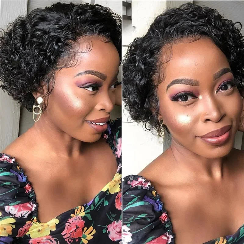 𝐏𝐫𝐞̂𝐭 𝐞𝐧 𝟐𝟒𝐡⚡Moderne Facile Entretenir Glueless Noir Perruque Coupe Pixie Vague Bouclée Cheveux Humains