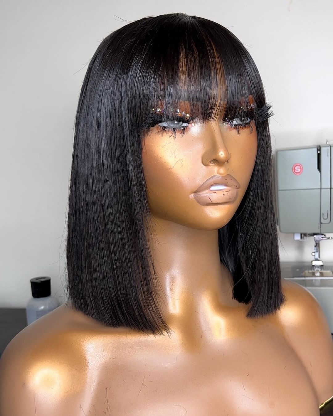 𝟐 𝐅𝐎𝐑 €55💥Glueless Perruque 8" Noir Frange Bob Lisse+Glueless Noir Coupe Pixie Sans colle Ondulé