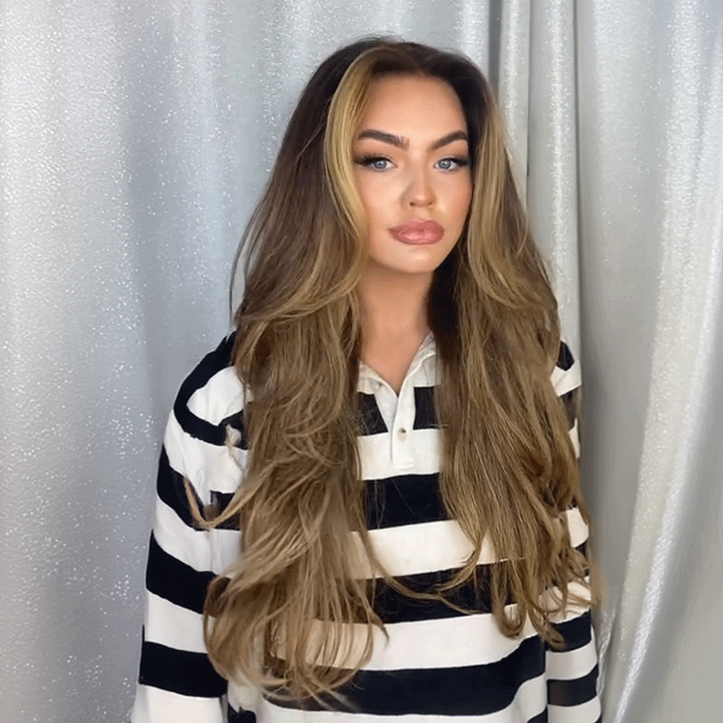 Brillance Naturelle Highlight Perruque 13×4 Glueless Ondulé Cheveux 100% Humains