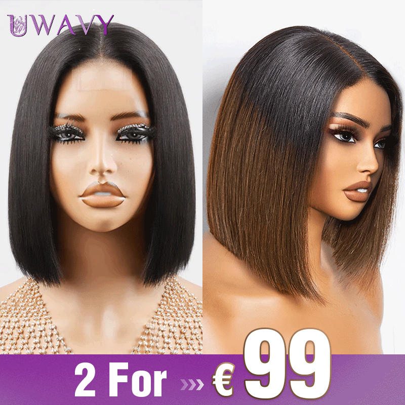 𝟐 𝐅𝐎𝐑 €99💥 Perruque 8" Soyeux Milieu Partie Lisse 2x6 Dentelle+8"Bob Lisse Dégradé Marron 2x6 Dentelle