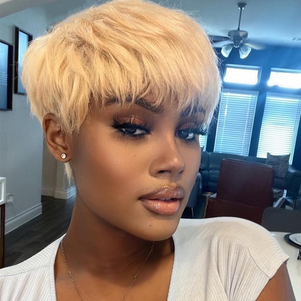 𝐏𝐫𝐞̂𝐭 𝐞𝐧 𝟐𝟒𝐡⚡613 Blonde Réaliste Glueless Sans Compétences Requises Pixie Lisse Perruque Sans Colle