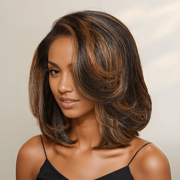 𝑼𝒘𝒂𝒗𝒚 𝑷𝒓𝒆𝒎𝒊𝒖𝒎 𝑳𝒊𝒏𝒆 Glueless Couche Mèches Brune Highlight 7x4 Bob Perruque Sans Colle Ondulé 250% Densité