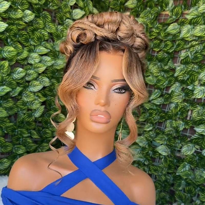 𝑷𝒆𝒓𝒓𝒖𝒒𝒖𝒆 𝑴𝒂𝒓𝒊𝒂𝒈𝒆 𝑷𝒓𝒆́-𝑪𝒐𝒊𝒇𝒇𝒆́𝒆 Coiffures Mariage Rapides Chignon Dégradé Marron Ondulé Frange Des Deux Côtés 13×4 Dentelle Perruque