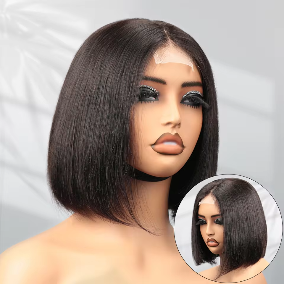 𝟐 𝐅𝐎𝐑 €79💥 Perruque 8" Soyeux Milieu Partie Lisse 2x6 Dentelle+8" Frange Mode Bob Lisse Noir
