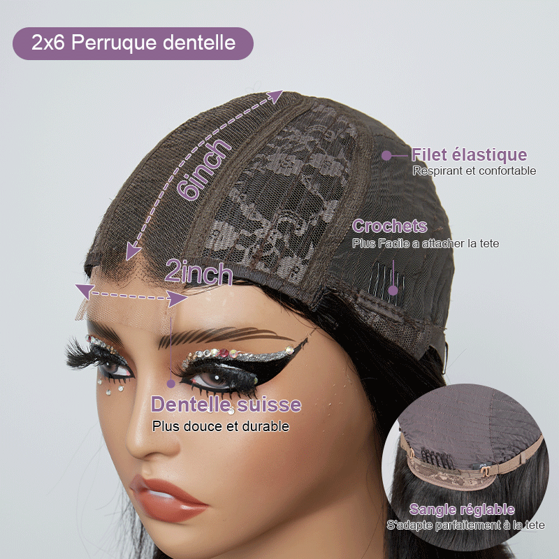 𝟐 𝐅𝐎𝐑 €99💥 Perruque 8" Soyeux Milieu Partie Lisse 2x6 Dentelle+8"Bob Lisse Dégradé Marron 2x6 Dentelle