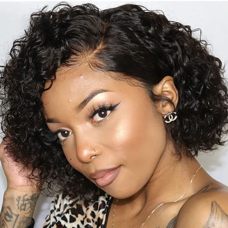 𝐏𝐫𝐞̂𝐭 𝐞𝐧 𝟐𝟒𝐡⚡Naturelle Confortable Perruque Noir Coupe Pixie 13x4 T-Part Dentelle Vague Bouclée Cheveux Humains