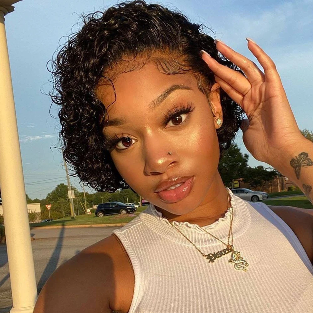 𝐏𝐫𝐞̂𝐭 𝐞𝐧 𝟐𝟒𝐡⚡Naturelle Confortable Perruque Noir Coupe Pixie 13x4 T-Part Dentelle Vague Bouclée Cheveux Humains