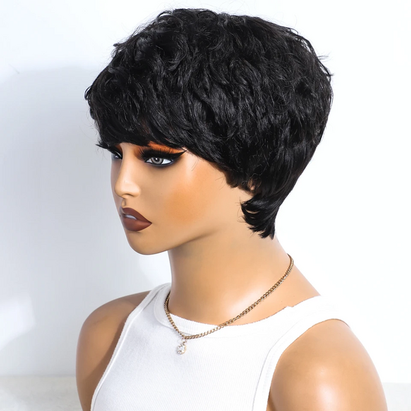 𝟐 𝐅𝐎𝐑 €55💥Glueless Perruque 8" Noir Frange Bob Lisse+Glueless Noir Coupe Pixie Sans colle Ondulé