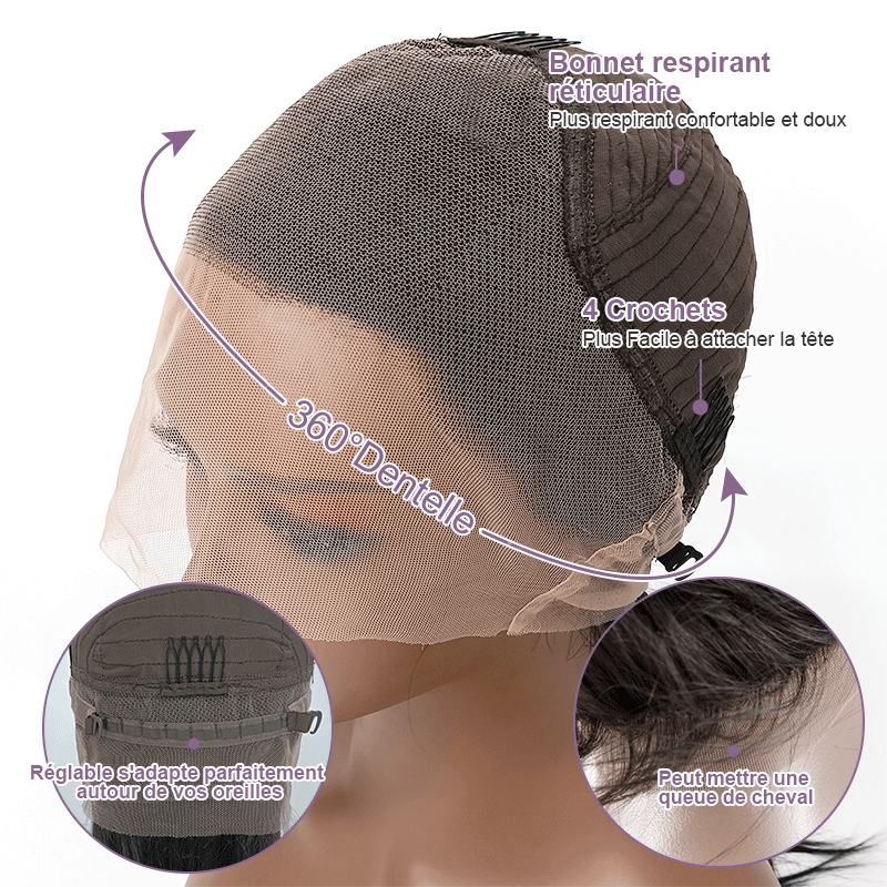 𝐏𝐫𝐞̂𝐭 𝐞𝐧 𝟐𝟒𝐡⚡360 Perruque Frontal Dentelle Couleur Noir Effet Cheveux Vrais Flexi-Fit Invisible Lisse