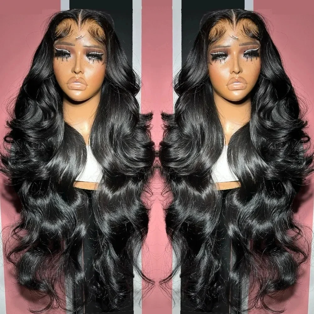 𝟐 𝐅𝐎𝐑 €119💥Perruque 20"Noir 13×4 Dentelle Body Wave+8" Frange No Lace Mode Bob Lisse Noir