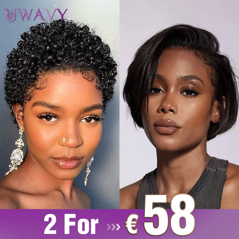 𝟐 𝐅𝐎𝐑 €58💥Perruque Noir Coupe Pixie 13x4 Dentelle Lisse+Glueless Noir Pixie Boucles Laine