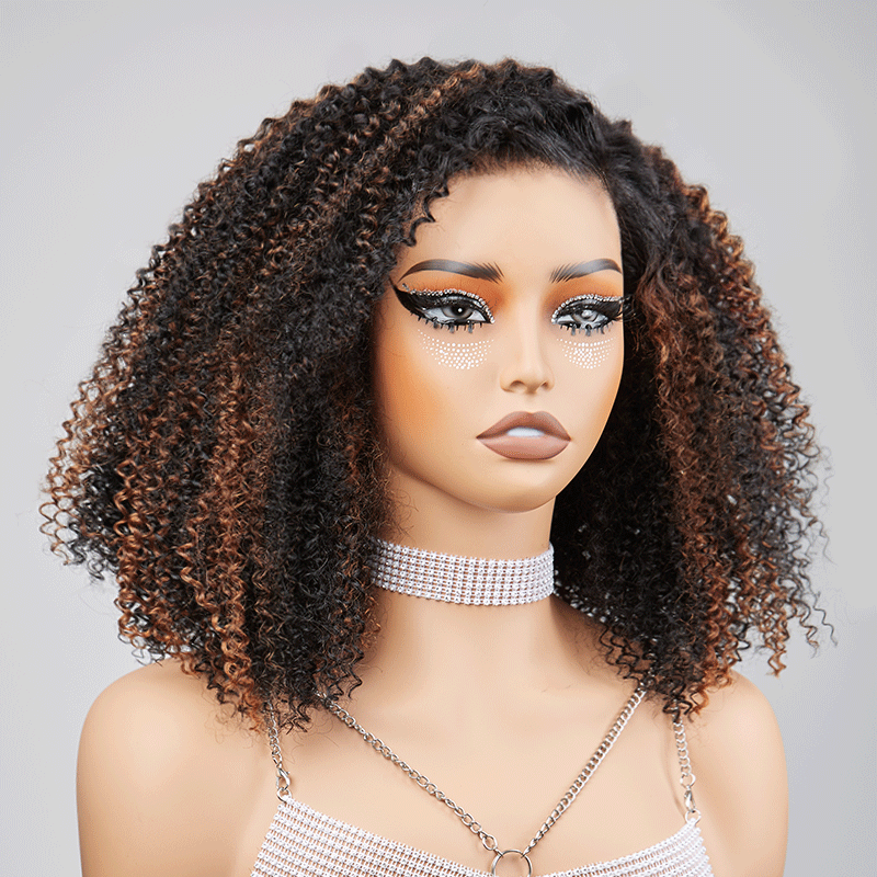 𝑼𝒘𝒂𝒗𝒚 𝑷𝒓𝒆𝒎𝒊𝒖𝒎 𝑳𝒊𝒏𝒆 9x6 Glueless Marron Highlight Bob Perruque Sans Colle Kinky Curly