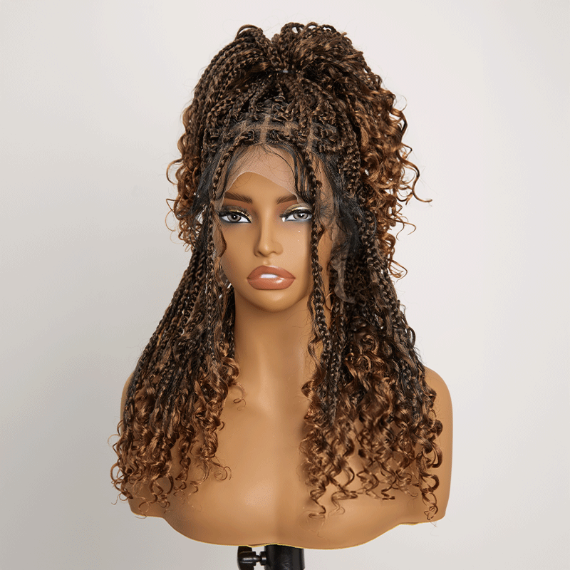 𝑼𝒘𝒂𝒗𝒚 𝑷𝒓𝒆𝒎𝒊𝒖𝒎 𝑳𝒊𝒏𝒆 Perruque Tressée Bohème Ombre Brun En Dentelle Intégrale Avec Cheveux Bébé Synthétique 300% Densité