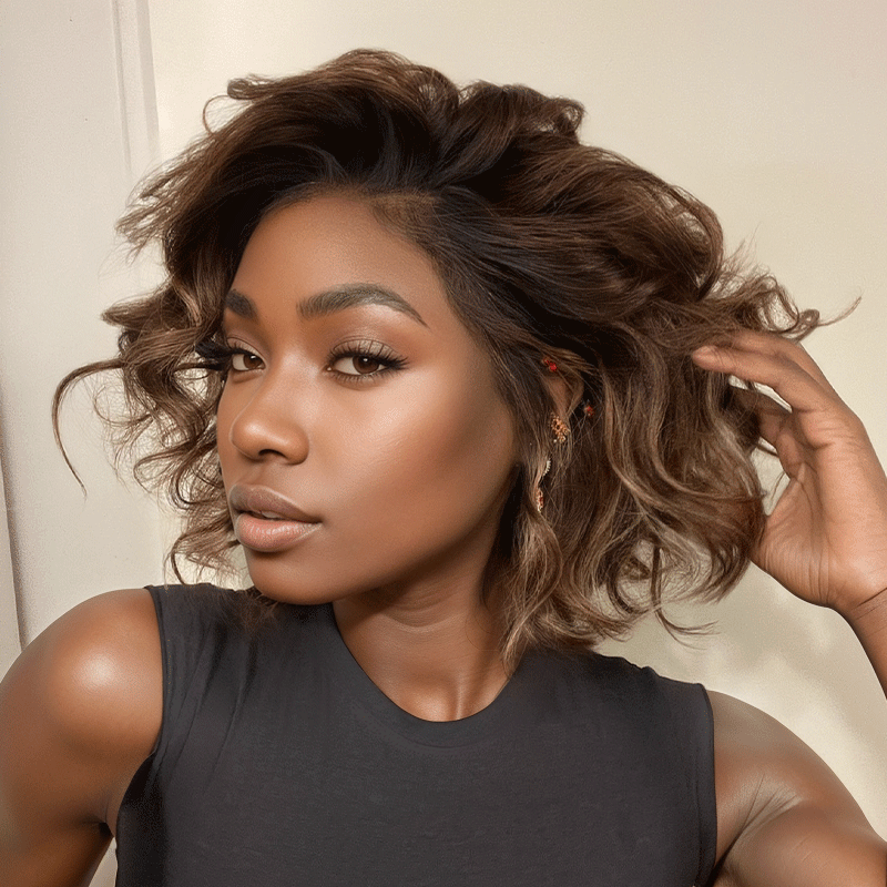 𝑼𝒘𝒂𝒗𝒚 𝑷𝒓𝒆𝒎𝒊𝒖𝒎 𝑳𝒊𝒏𝒆 Luxueuse Couleur Marron Highlight 13x4 Glueless Bouclé Bob Perruque Sans Colle