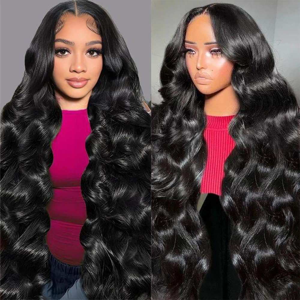 𝟐 𝐅𝐎𝐑 €119💥Perruque 20"Noir 13×4 Dentelle Body Wave+8" Frange No Lace Mode Bob Lisse Noir
